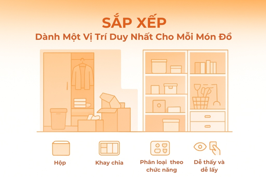 Sắp xếp và bố trí vật dụng tại một vị trí cố định.