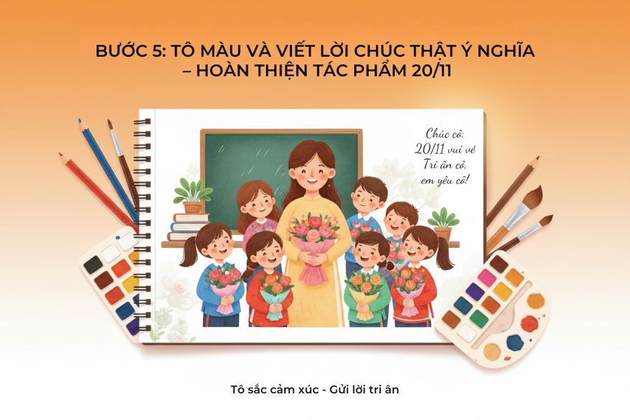 Sau cùng là tô màu và viết lời chúc lên bức tranh 20/11.