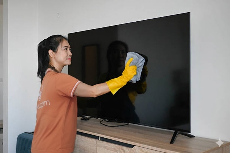 Sử dụng khăn mềm loại bỏ bụi trên bề mặt tivi.