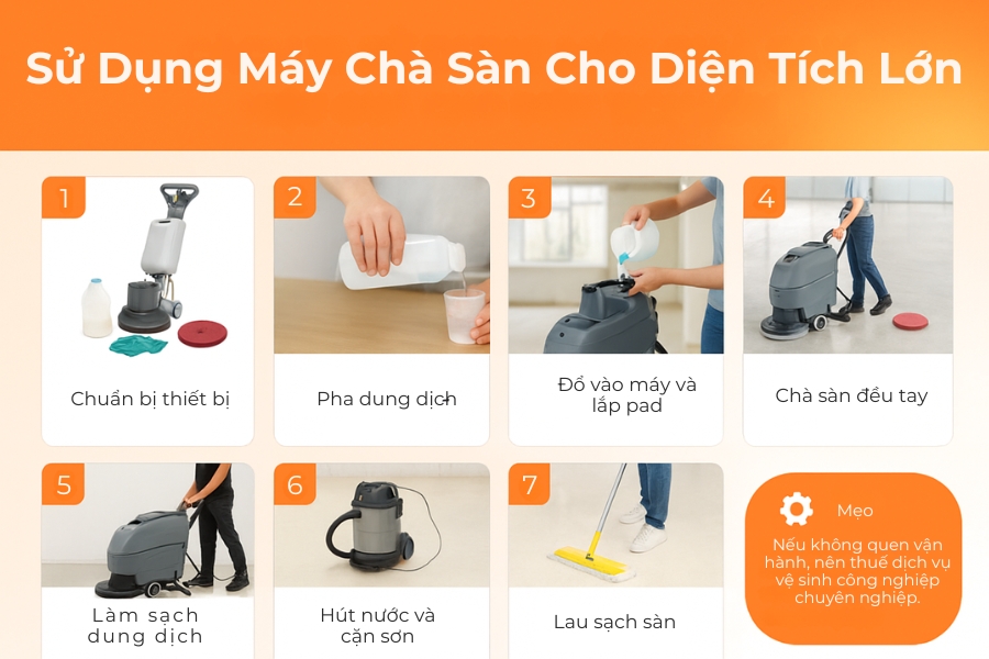 Sử dụng máy chà sàn cho các vết sơn có diện tích lớn.