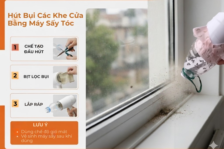 Sử dụng máy sấy và chai nhựa hút bụi trong các khe cửa.