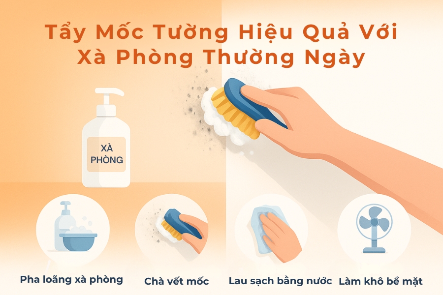 Sử dụng xà phòng tẩy mốc nhanh chóng.