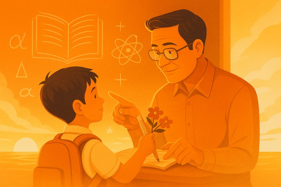 Thầy đưa bao lớp học trò/ Qua sông tri thức đến bờ tương lai.