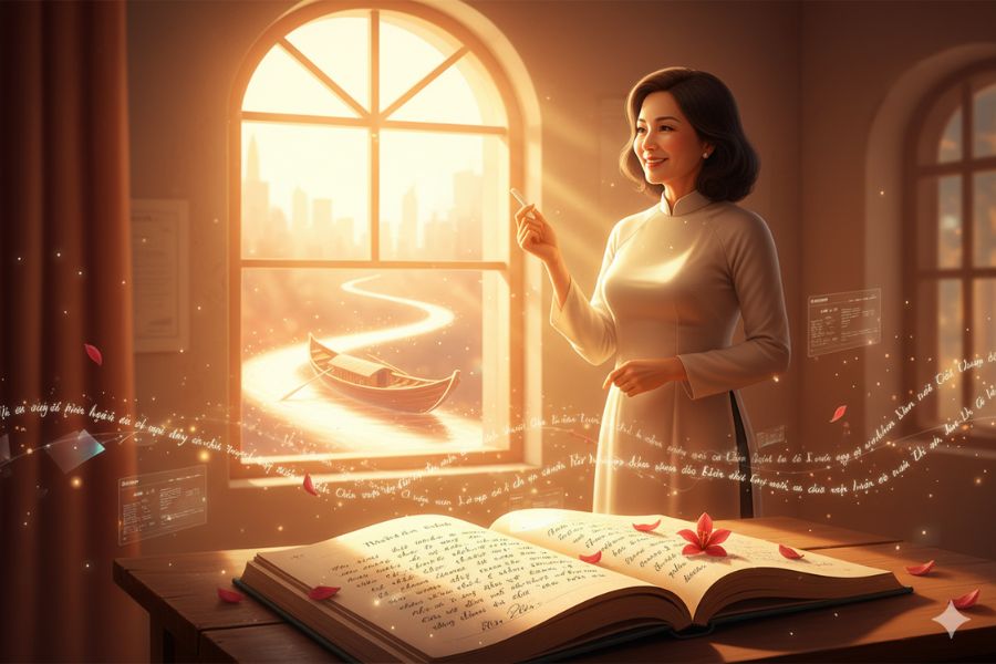 Con lại về thăm mái trường xưa/ Tìm cô trong nắng, đợi trong mưa.