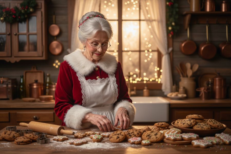 Bà già Noel đang làm bánh.