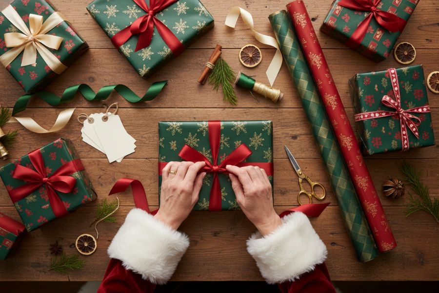 Bà Noel đang chăm chút cho từng hộp quà để ông già Noel đem đi phát.