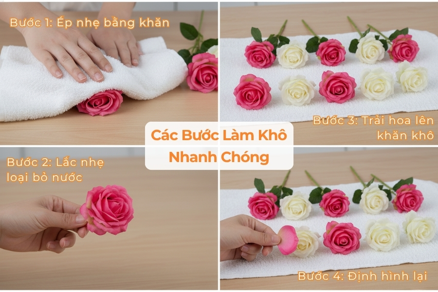 Các bước làm khô hoa lụa.