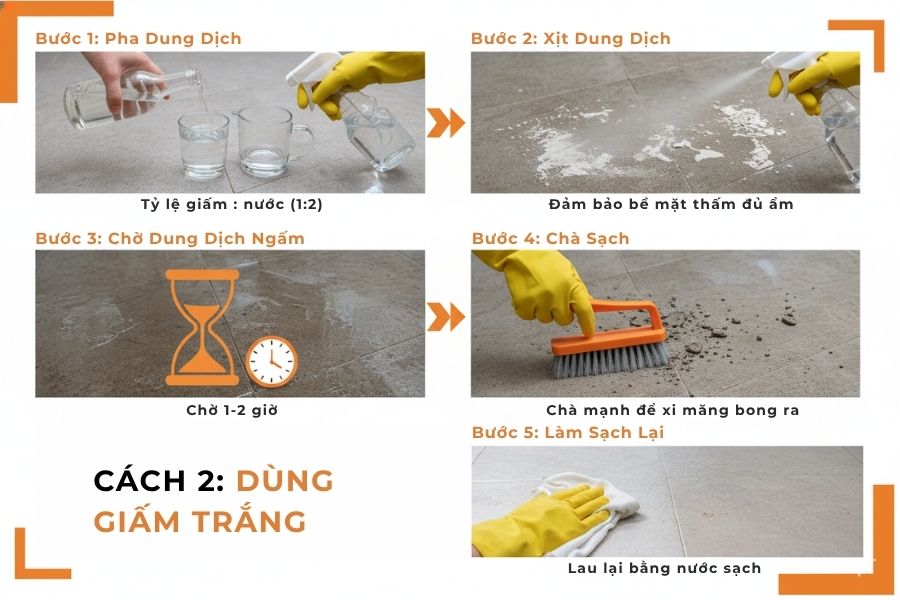Dùng giấm trắng tẩy xi măng trên gạch nhám.
