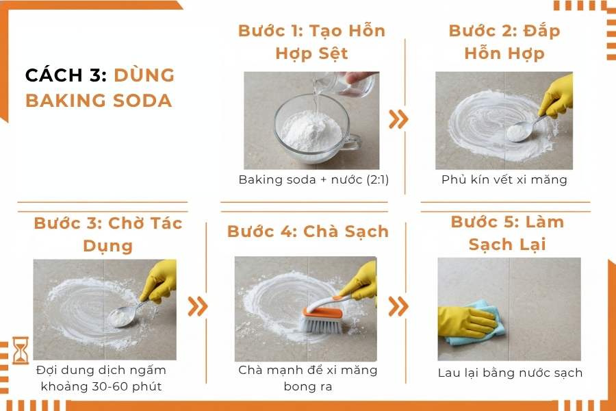 Cách 3: Dùng baking soda tẩy xi măng vừa khô cứng.