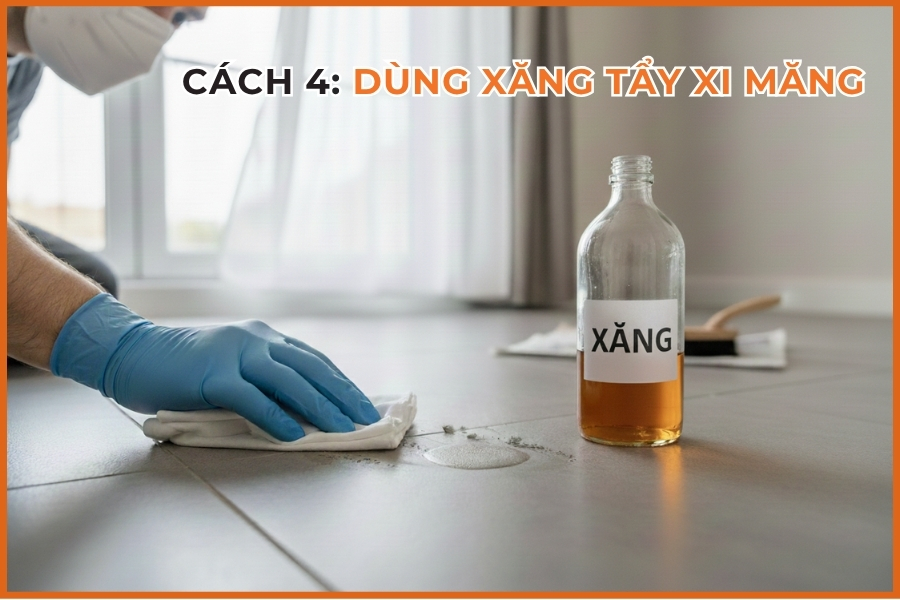 Cách 4: Dùng xăng tẩy xi măng.