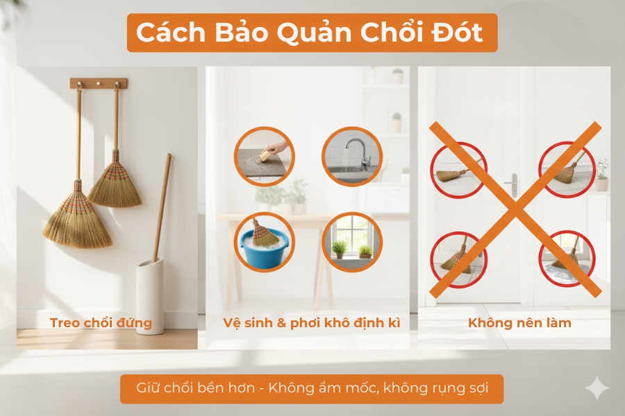 Cách bảo quản chổi đót để không rụng sợi và bền hơn.