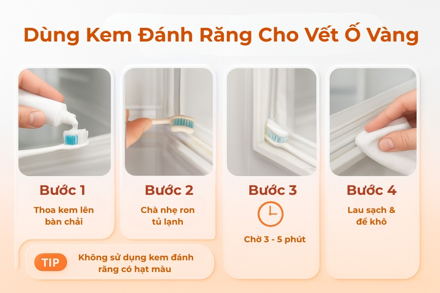Các bước dùng kem đánh răng vệ sinh vết ố vàng trên ron tủ.