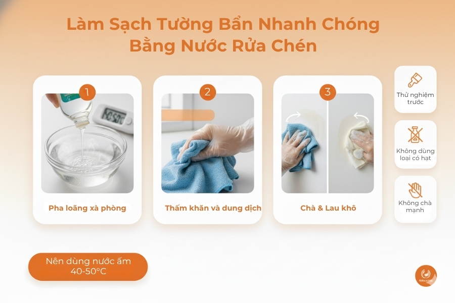 Minh họa cách làm sạch tường đơn giản bằng nước rửa chén.
