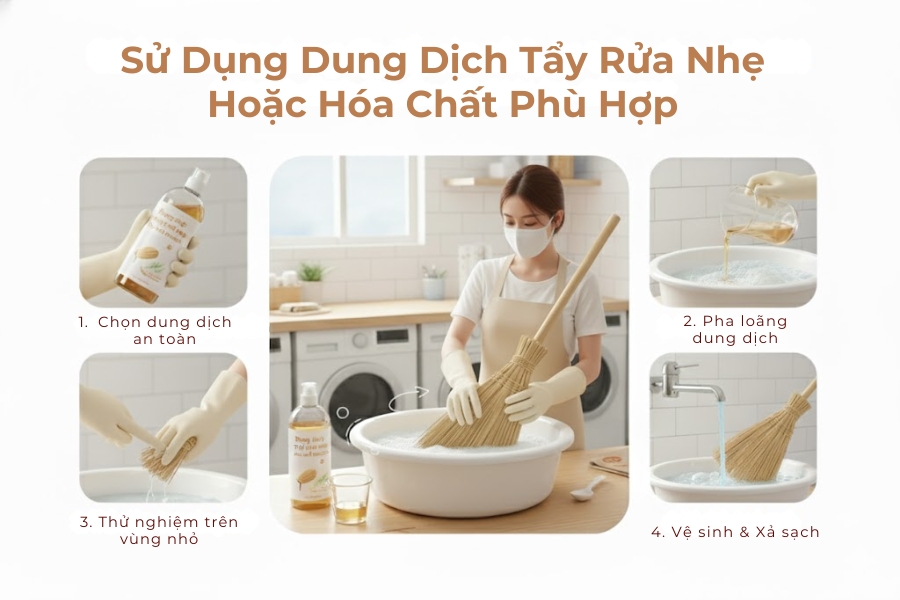 Cách sử dụng các hóa chất chuyên dụng, an toàn để làm sạch bụi chổi.