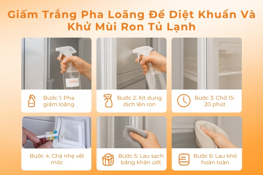 Cách sử dụng giấm trắng pha loãng để diệt khuẩn và khử mùi ron tủ.