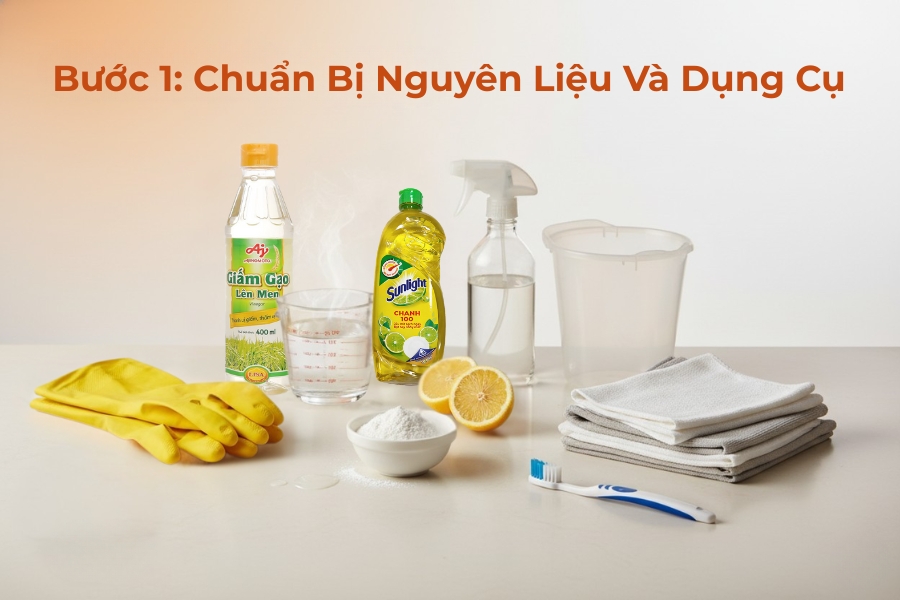 Chuẩn bị các nguyên liệu và dụng cụ cần sử dụng để vệ sinh tủ lạnh.