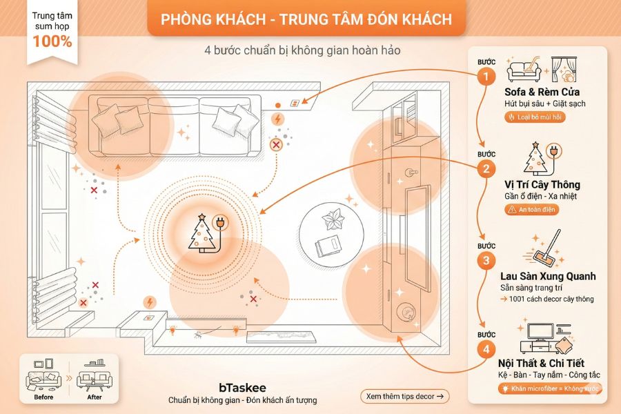 Dọn dẹp phòng khách đón Giáng sinh.