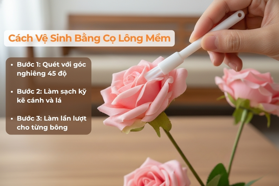 Dùng cọ mềm quét bụi bám trên hoa.