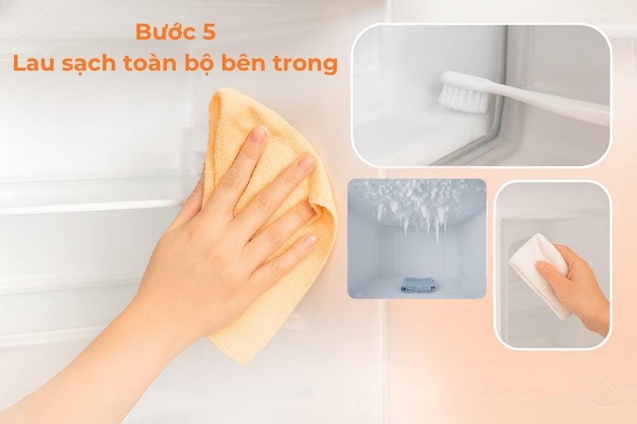 Dùng hỗn hợp đã pha lau toàn bộ bề mặt bên trong tủ lạnh.