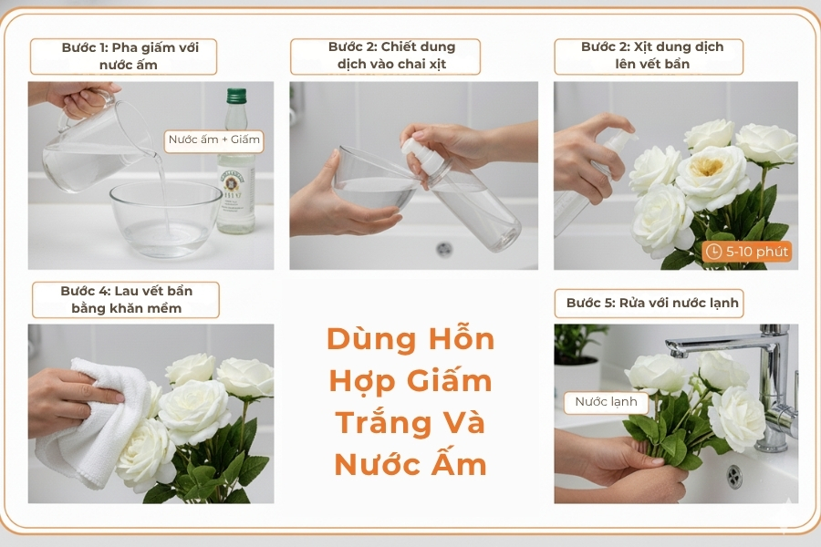 Lau sạch bụi cánh hoa bằng giấm trắng và nước ấm.