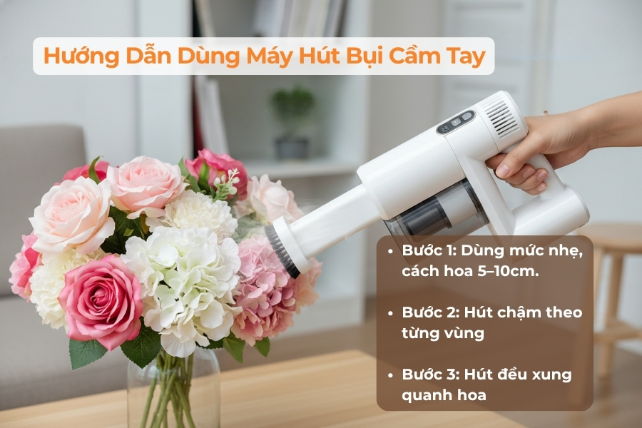 Hút sạch bụi bẩn bằng máy hút bụi.