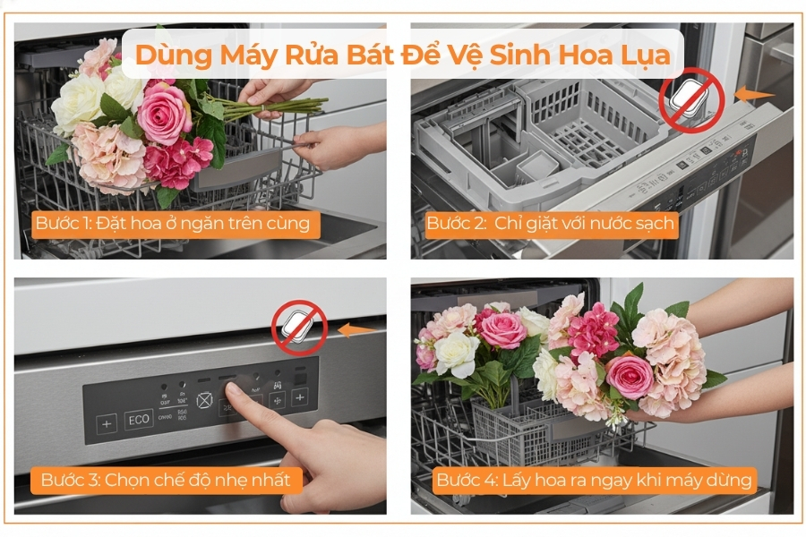 Dùng máy rửa bát để vệ sinh hoa lụa.