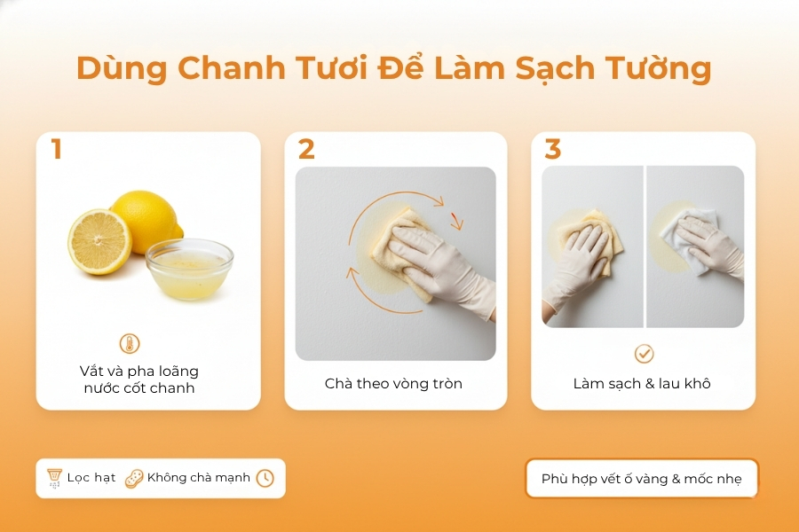 Minh họa cách dùng nước cốt chanh tươi tẩy vết ố vàng và mốc nhẹ trên tường.