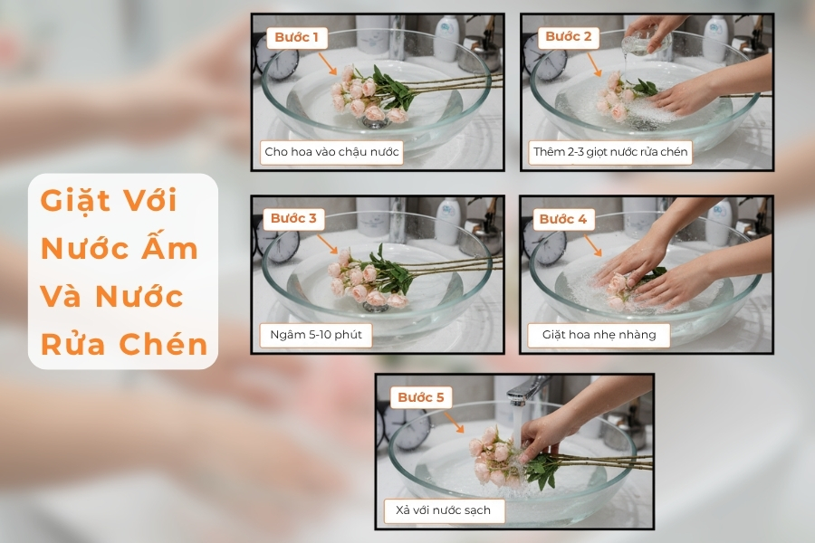 Giặt hoa bằng hỗn hợp nước ấm và nước rửa chén.