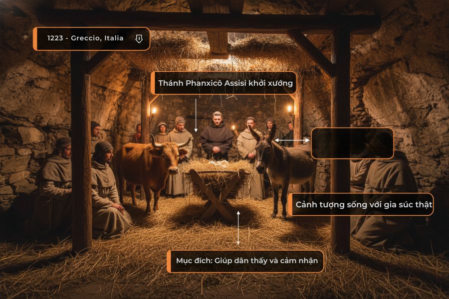 Hang đá Giáng Sinh có nguồn gốc từ năm 1223 tại thị trấn Greccio do Thánh Phanxicô Assisi khởi xướng.