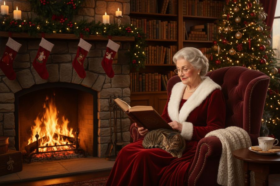 Hình ảnh Mrs. Claus đang đọc sách bên lò sưởi.