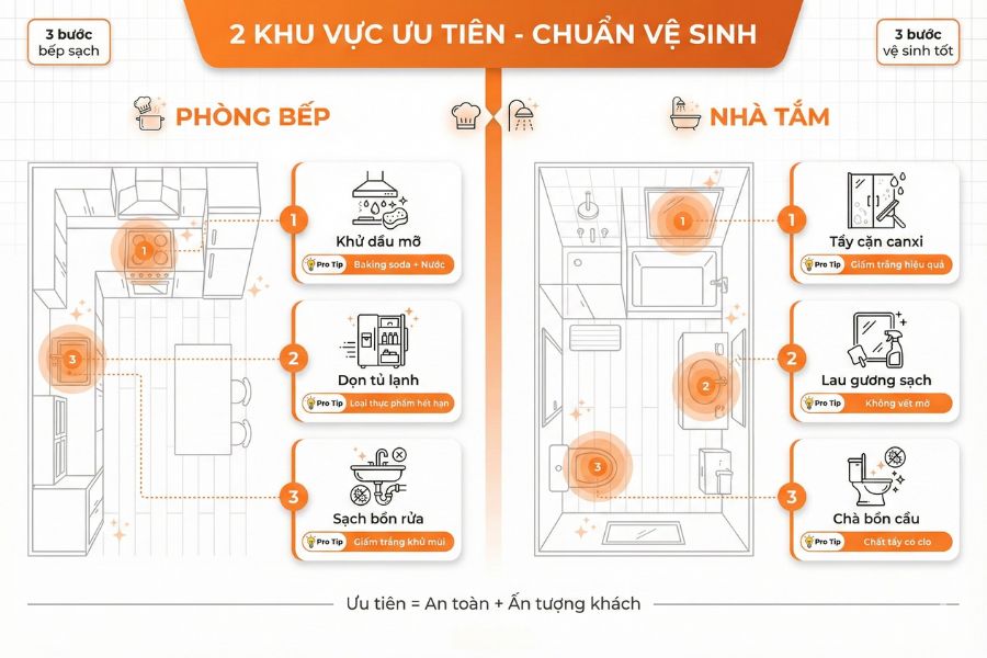 Không gian bếp và nhà tắm cũng được chú trọng vệ sinh.