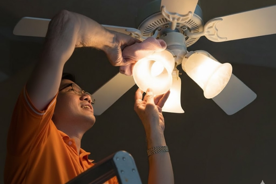 Kiểm tra và vệ sinh ốp đền của quạt (nếu có).