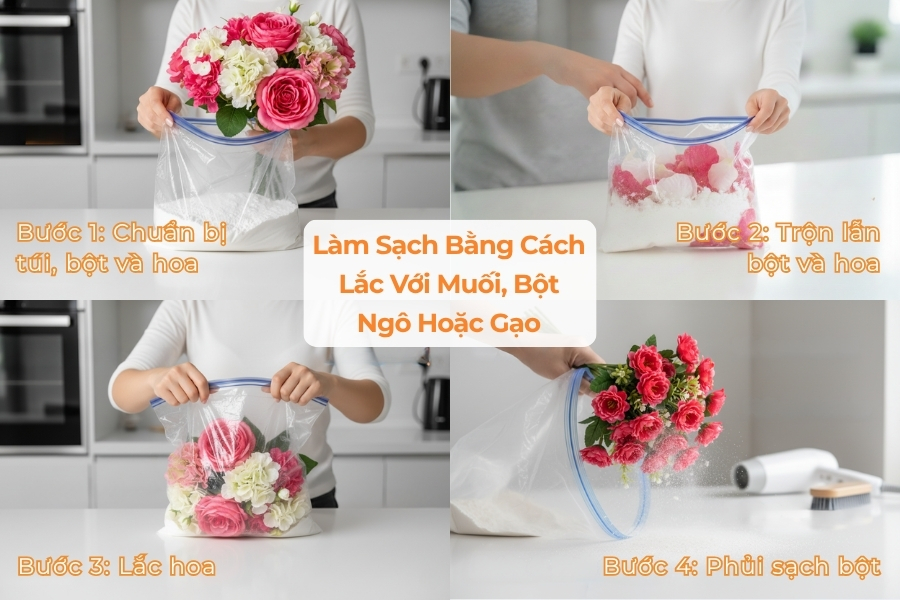 Làm sạch bằng cách lắc với muối, bột ngô hoặc gạo.