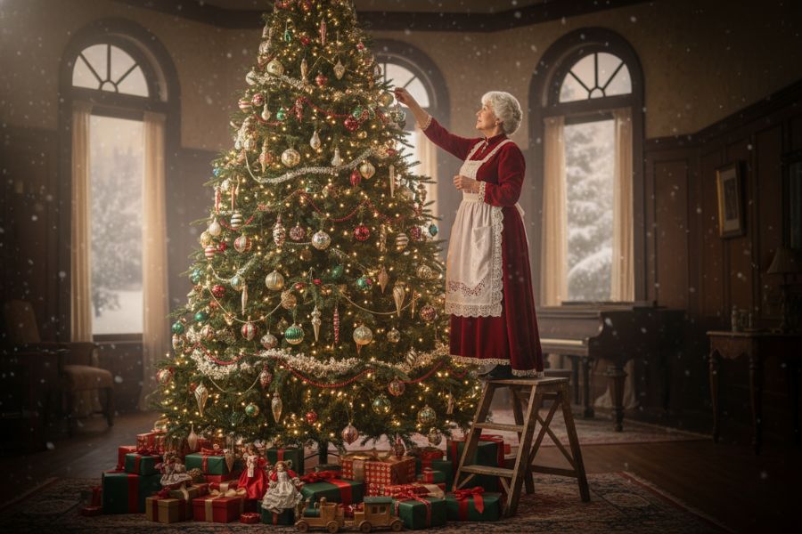 Mrs. Claus đang chăm sóc cây thông Giáng sinh.