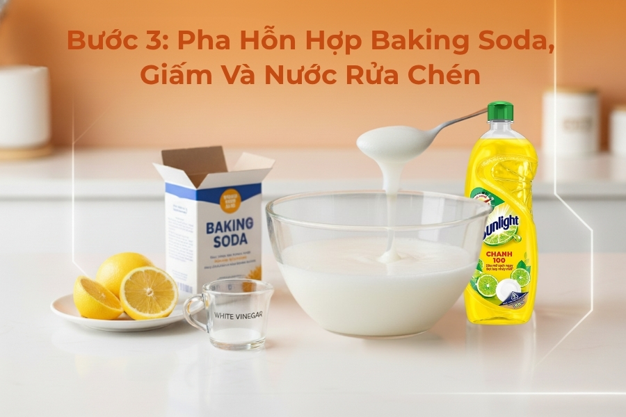 Pha hỗn hợp baking soda, giấm và nước rửa chén tạo thành hỗn hợp sệt.