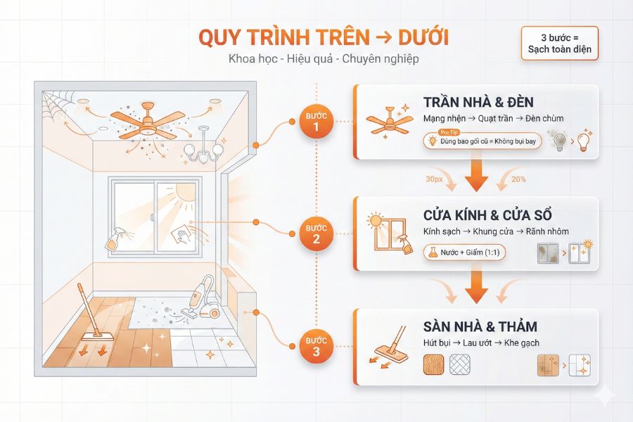 Quy trình dọn dẹp tổng thể không gian.