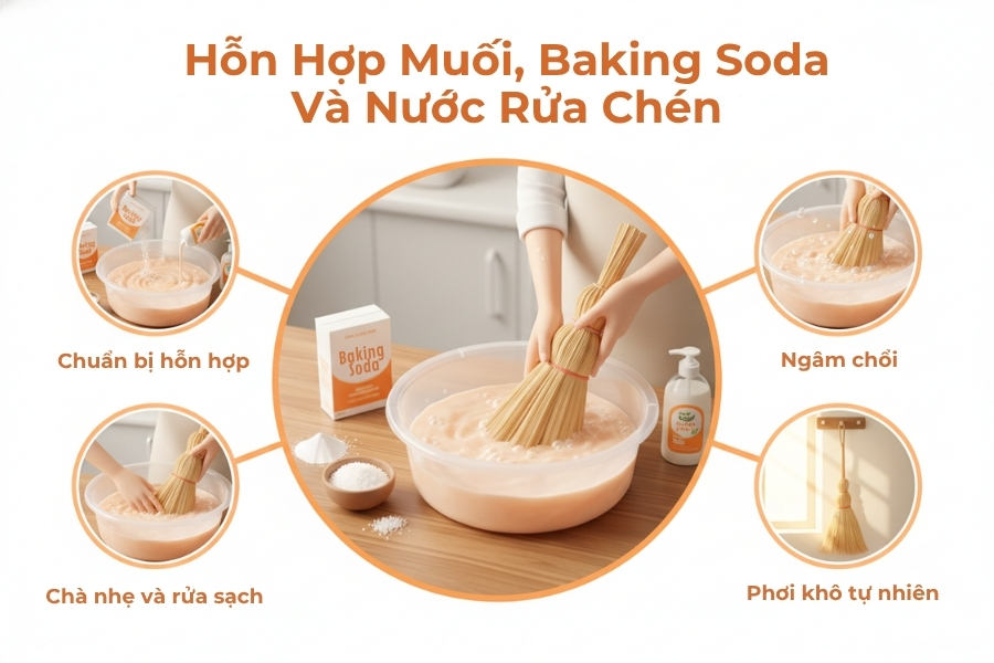 Quy trình sử dụng hỗn hợp muối, baking soda và nước rửa chén vệ sinh chổi đót.