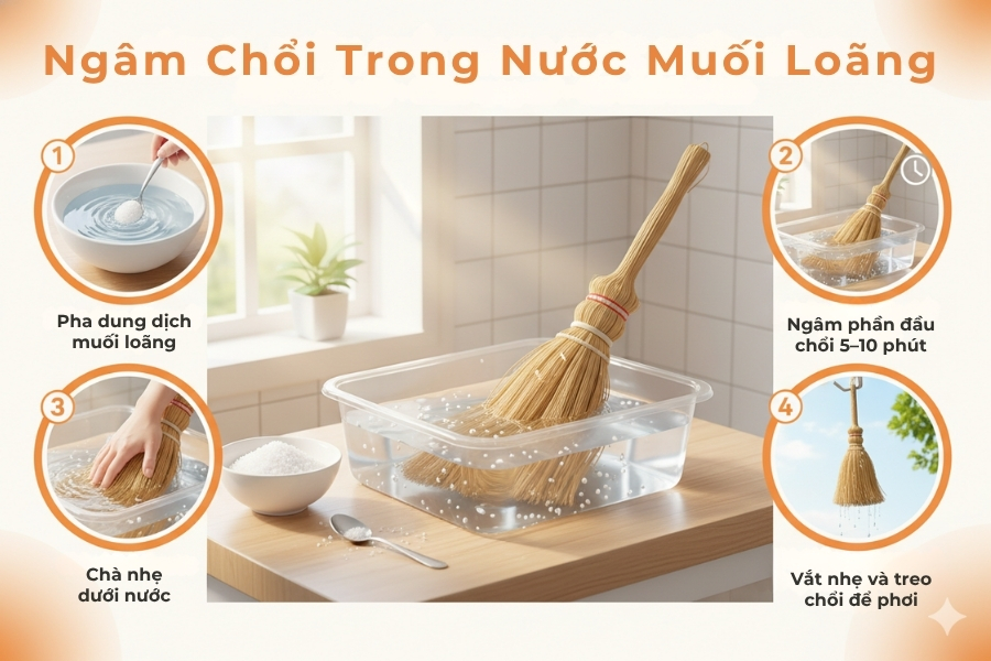 Quy trình vệ sinh chổi đót mới mua bằng nước muối loãng.
