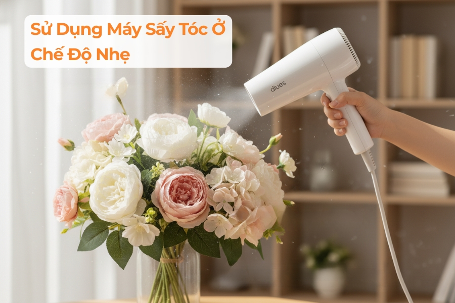 Thổi sạch bụi bằng máy sấy tóc.