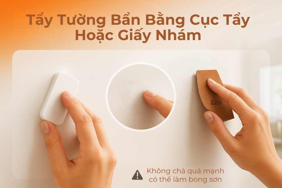 Minh họa cách tẩy vết bẩn trên tường bằng cục tẩy hoặc giấy nhám.