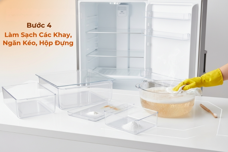 Tháo rời và làm sạch các khay, ngăn kéo, hộp trong trong tủ lạnh.