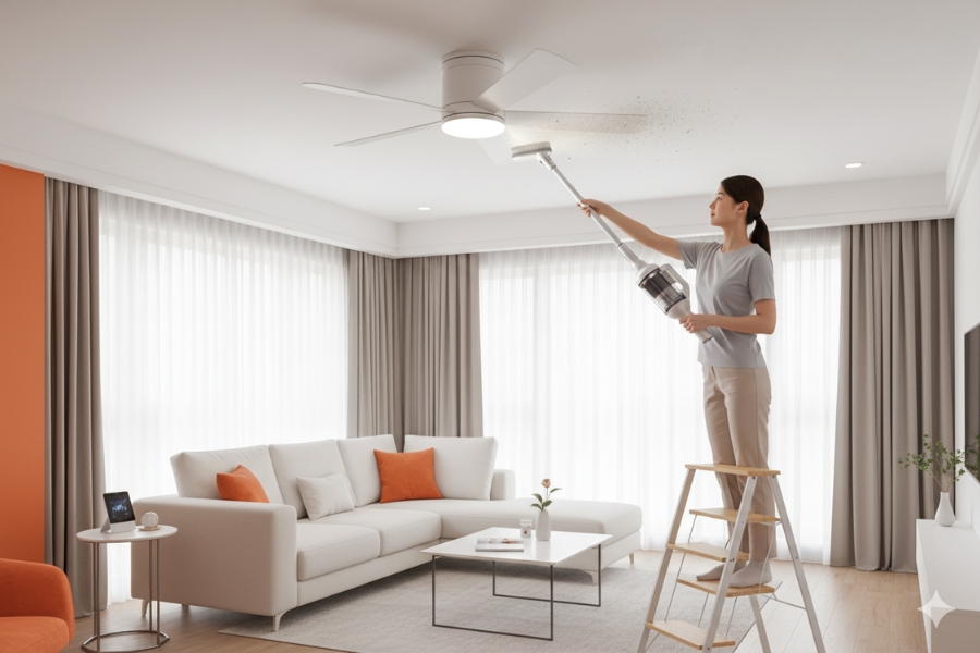 Vệ sinh cánh quạt trần bằng máy hút bụi cầm tay.