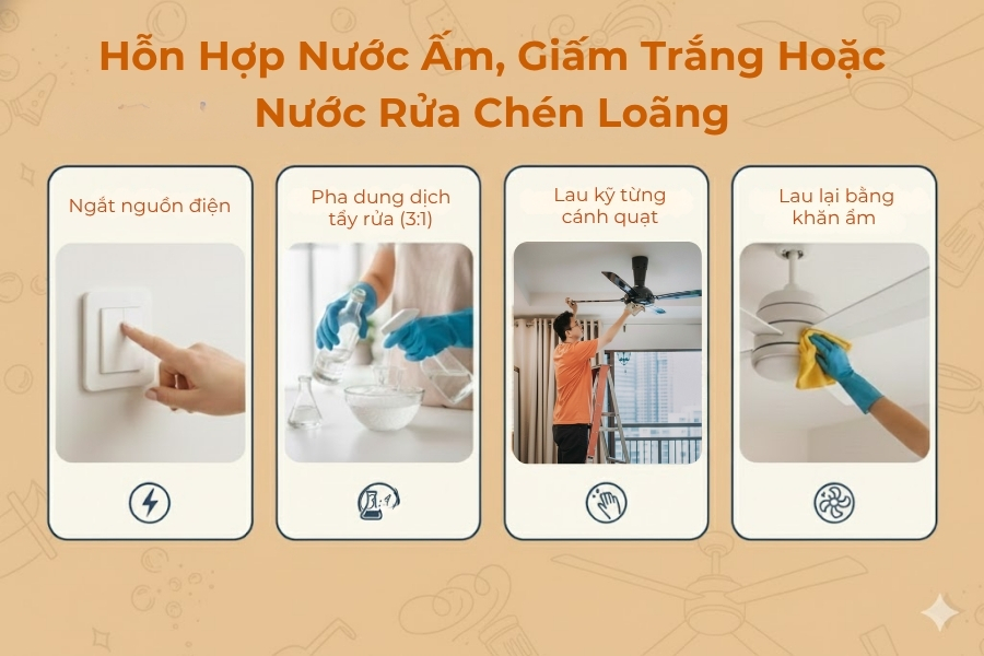 Vệ sinh quạt trần bằng hỗn hợp nước ấm, giấm trắng hoặc nước rửa chén loãng.