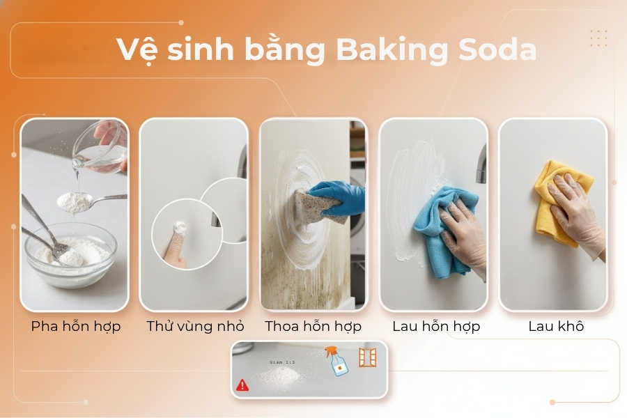 Minh họa cách vệ sinh sạch tường bằng baking soda.