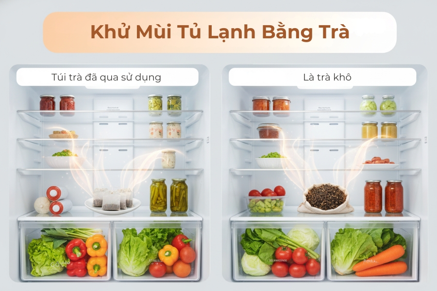 2 cách dùng trà phổ biến trong việc hấp thụ và loại bỏ mùi hôi trong tủ lạnh.