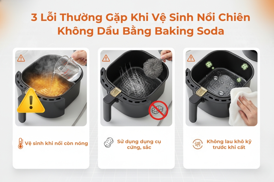 3 lỗi thường gặp khi vệ sinh nồi chiên không dầu bằng baking soda.