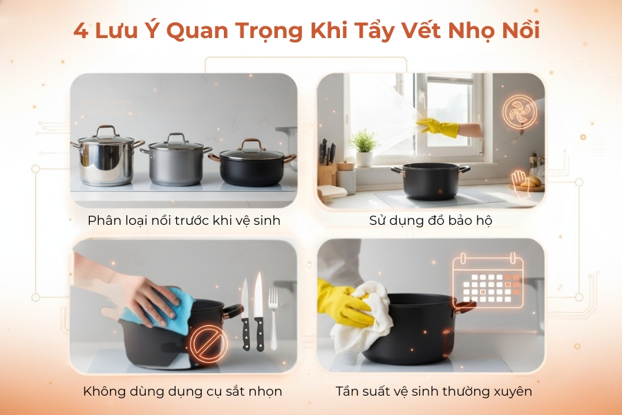 4 lưu ý quan trọng khi tẩy vết nhọ nồi.