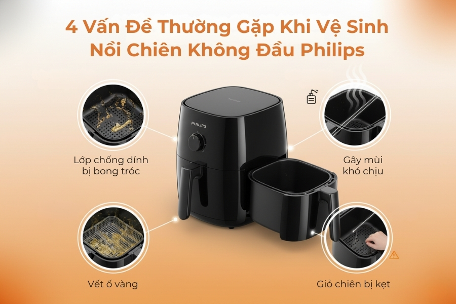 4 vấn đề thường gặp khi vệ sinh nồi chiên không dầu Philips.