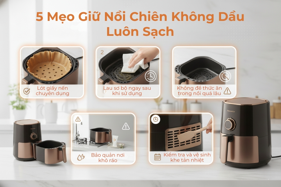 5 mẹo giữ nồi chiên không dầu luôn sạch.