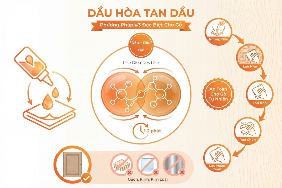 Áp dụng nguyên tắc hóa học'dầu hòa tan dầu' giúp làm sạch mảng bám trên tủ bếp gỗ hiệu quả, đồng thời giúp dưỡng bóng và bảo vệ lớp sơn tự nhiên.